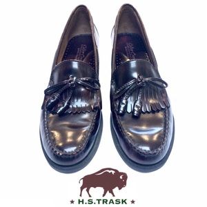 HS Trask Leather Tassel Loafers Fringe Flap Mahogany Brown, Gorgeous Rare Sz 8.5